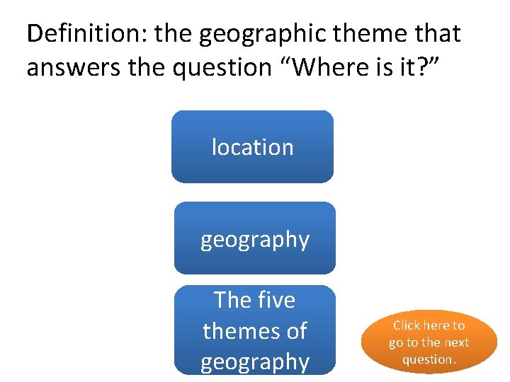 Definition: the geographic theme that answers the question “Where is it? ” yes location