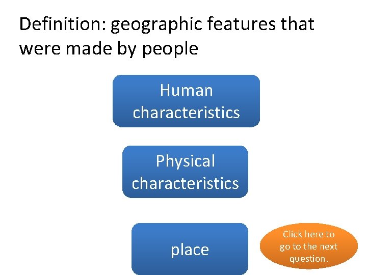 Definition: geographic features that were made by people Human yes characteristics Physical no characteristics