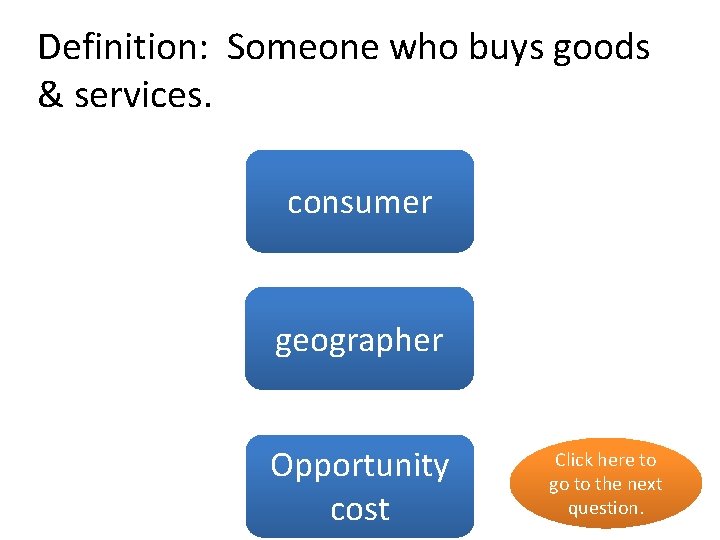 Definition: Someone who buys goods & services. yes consumer geographer no Opportunity no cost