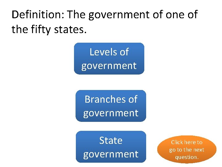 Definition: The government of one of the fifty states. Levels of no government Branches