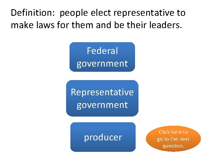 Definition: people elect representative to make laws for them and be their leaders. Federal