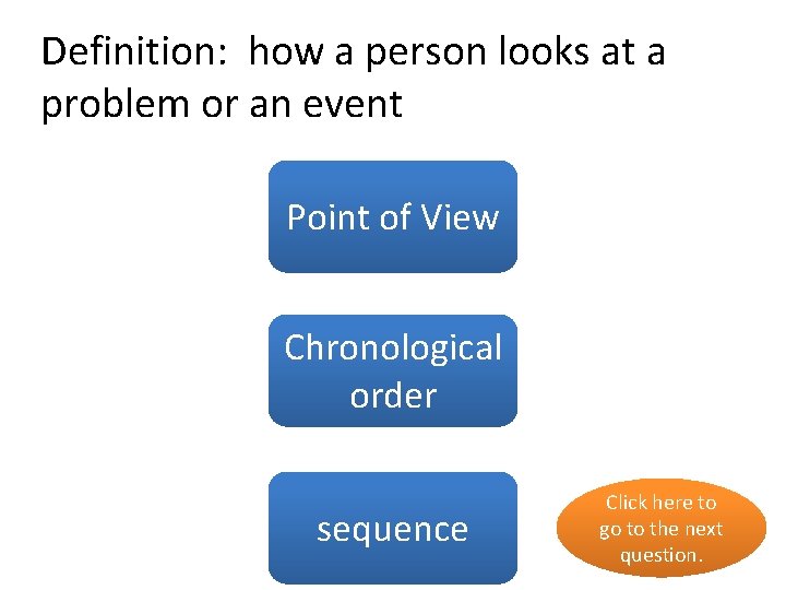 Definition: how a person looks at a problem or an event Pointyes of View