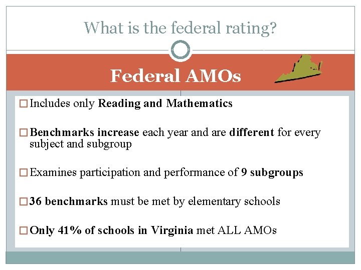 What is the federal rating? Federal AMOs � Includes only Reading and Mathematics �