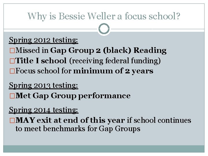 Why is Bessie Weller a focus school? Spring 2012 testing: �Missed in Gap Group