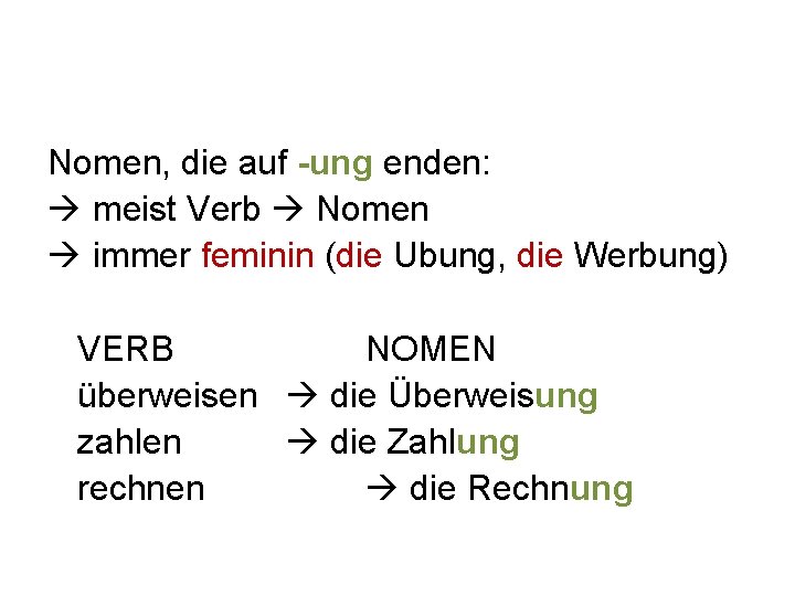 Nomen, die auf -ung enden: meist Verb Nomen immer feminin (die Ubung, die Werbung)