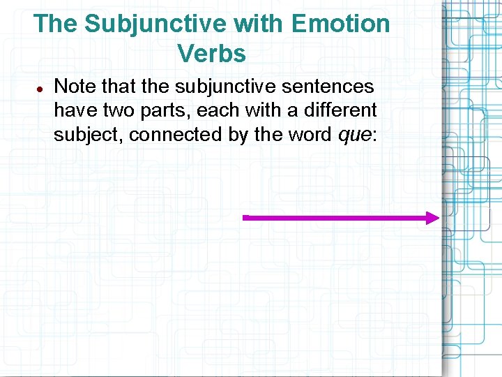 The Subjunctive with Emotion Verbs Note that the subjunctive sentences have two parts, each