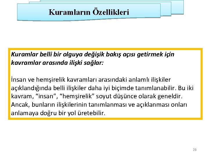 Kuramların Özellikleri Kuramlar belli bir olguya değişik bakış açısı getirmek için kavramlar arasında ilişki