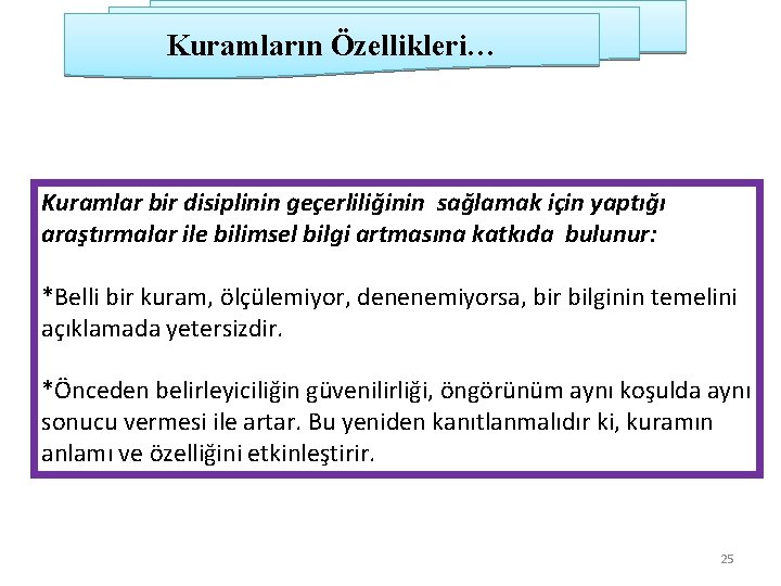 Kuramların Özellikleri… Kuramlar bir disiplinin geçerliliğinin sağlamak için yaptığı araştırmalar ile bilimsel bilgi artmasına