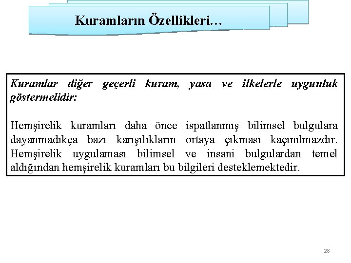 Kuramların Özellikleri… Kuramlar diğer geçerli kuram, yasa ve ilkelerle uygunluk göstermelidir: Hemşirelik kuramları daha