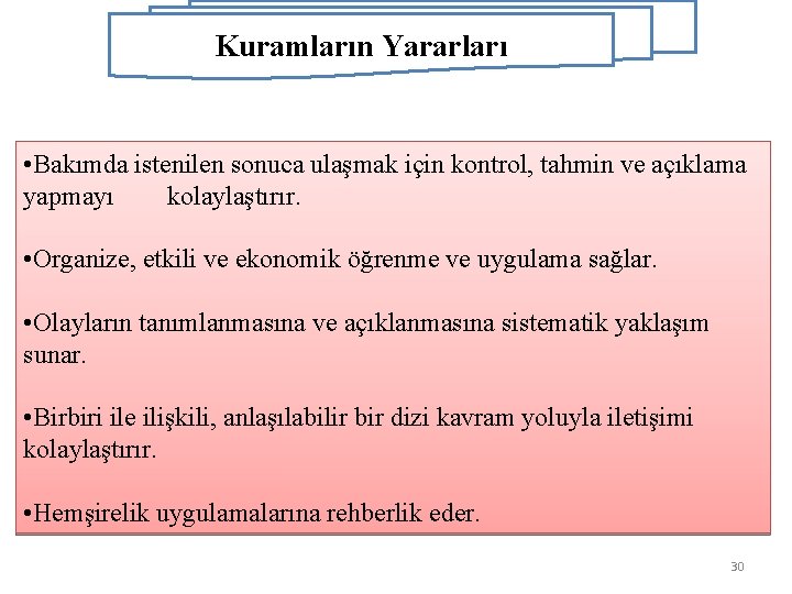 Kuramların Yararları • Bakımda istenilen sonuca ulaşmak için kontrol, tahmin ve açıklama yapmayı kolaylaştırır.