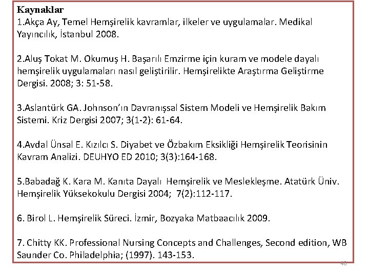 Kaynaklar 1. Akça Ay, Temel Hemşirelik kavramlar, ilkeler ve uygulamalar. Medikal Yayıncılık, İstanbul 2008.