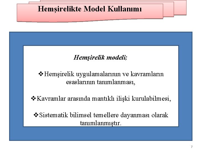 Hemşirelikte Model Kullanımı Hemşirelik modeli; v. Hemşirelik uygulamalarının ve kavramların esaslarının tanımlanması, v. Kavramlar