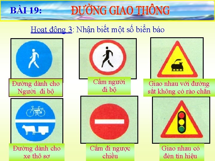 BÀI 19: Hoạt động 3: Nhận biết một số biển báo Đường dành cho