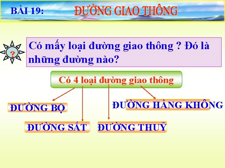 BÀI 19: Có mấy loại đường giao thông ? Đó là những đường nào?