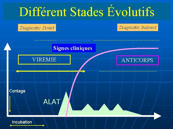 Différent Stades Évolutifs Diagnostic Direct Diagnostic Indirect Signes cliniques VIREMIE Contage ALAT Incubation ANTICORPS