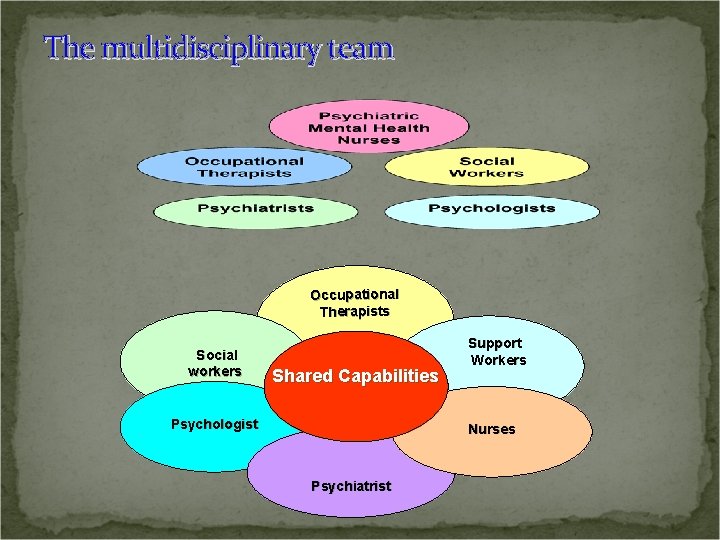 The multidisciplinary team Occupational Therapists Social workers Shared Capabilities Psychologist Support Workers Nurses Psychiatrist