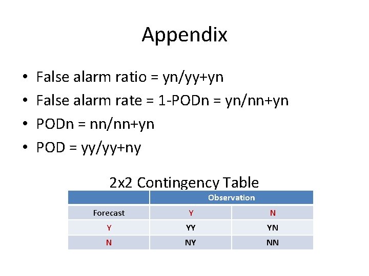 Appendix • • False alarm ratio = yn/yy+yn False alarm rate = 1 -PODn