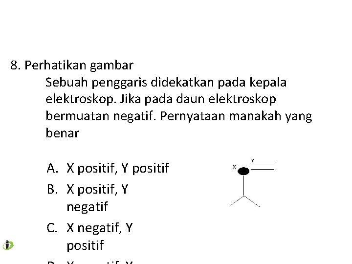 8. Perhatikan gambar Sebuah penggaris didekatkan pada kepala elektroskop. Jika pada daun elektroskop bermuatan