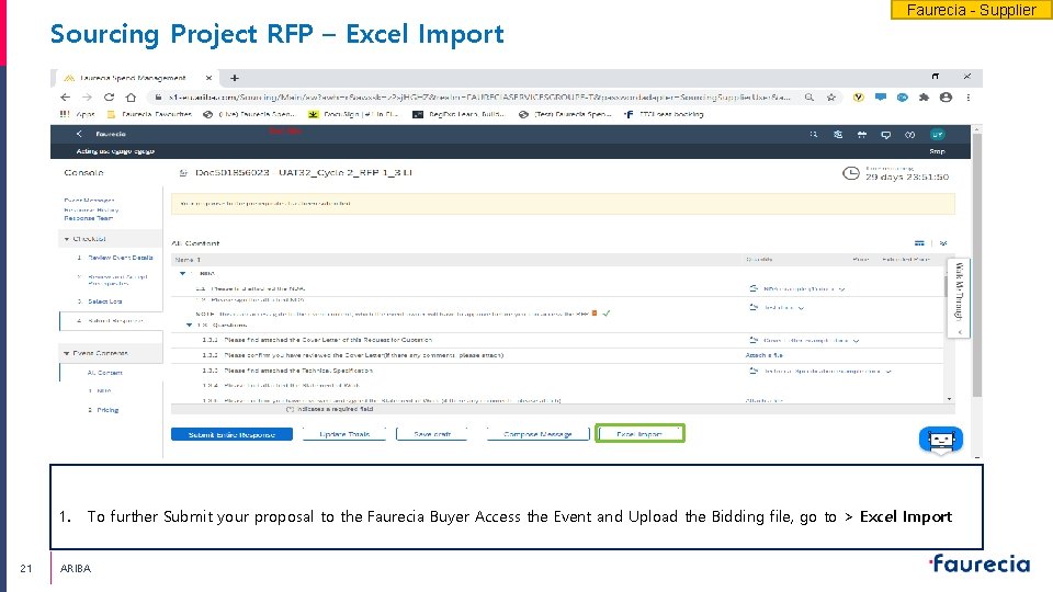 Sourcing Project RFP – Excel Import 1. 21 Faurecia - Supplier To further Submit