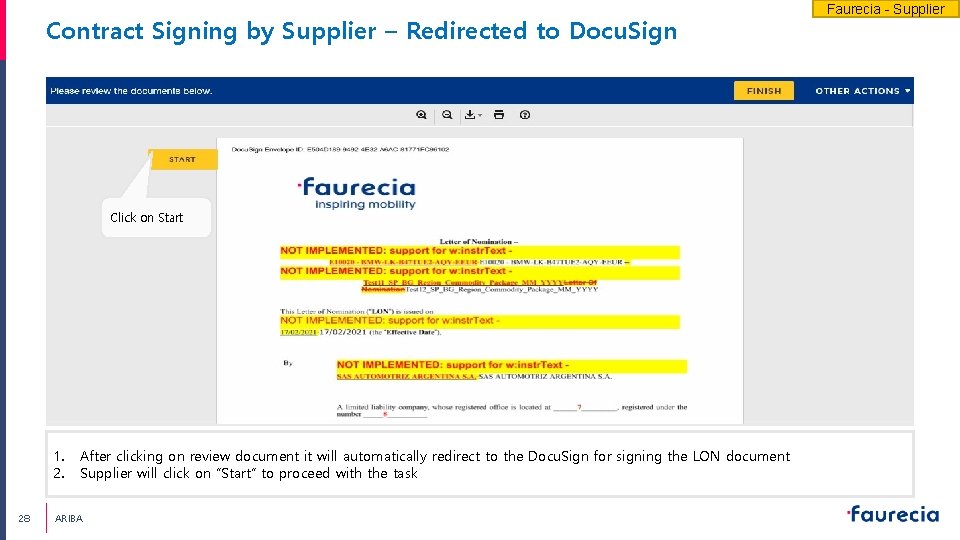 Contract Signing by Supplier – Redirected to Docu. Sign Click on Start 1. 2.