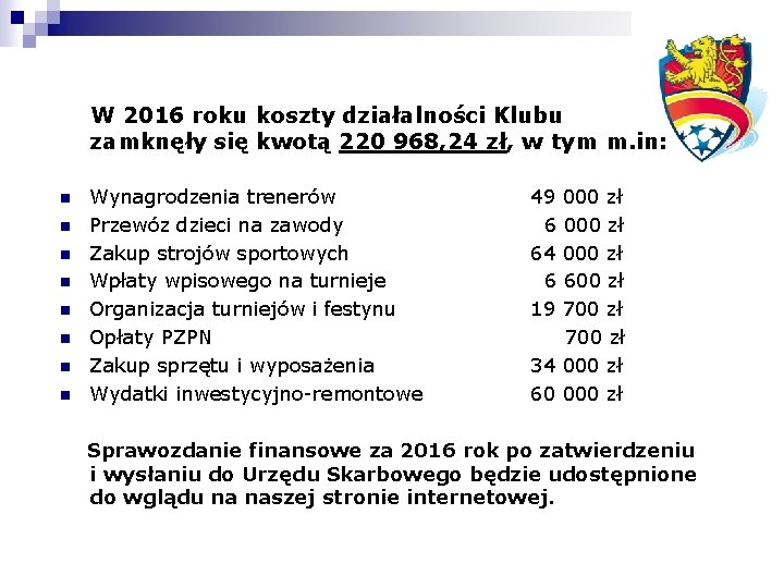 W 2016 roku koszty działalności Klubu zamknęły się kwotą 220 968, 24 zł, w