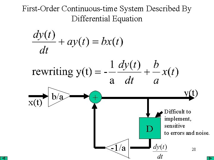 First-Order Continuous-time System Described By Differential Equation x(t) b/a y(t) + D -1/a Difficult