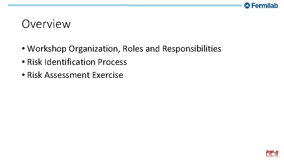 Overview • Workshop Organization, Roles and Responsibilities • Risk Identification Process • Risk Assessment