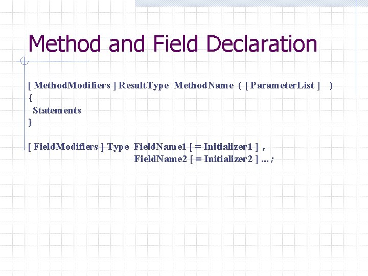Method and Field Declaration [ Method. Modifiers ] Result. Type Method. Name ( [