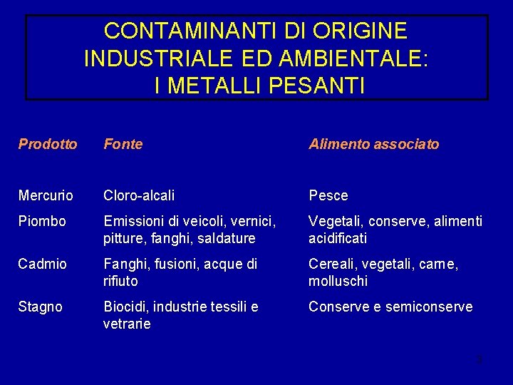 CONTAMINANTI DI ORIGINE INDUSTRIALE ED AMBIENTALE: I METALLI PESANTI Prodotto Fonte Alimento associato Mercurio