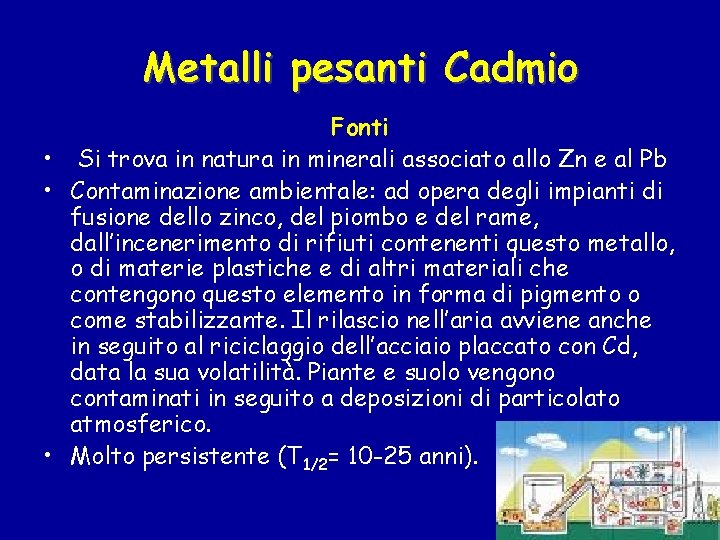 Metalli pesanti Cadmio Fonti • Si trova in natura in minerali associato allo Zn