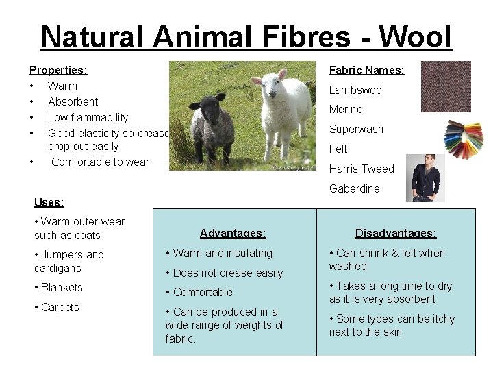 Natural Animal Fibres - Wool Properties: • Warm • Absorbent • Low flammability •