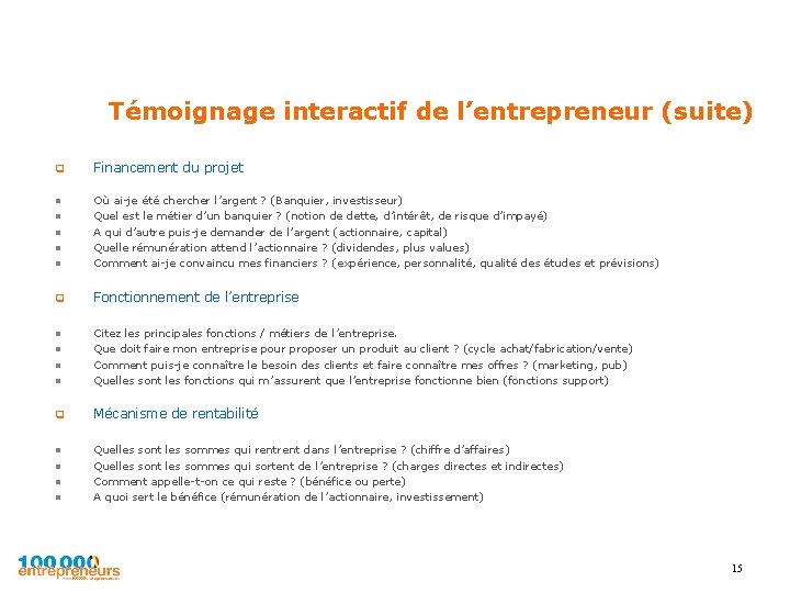 Témoignage interactif de l’entrepreneur (suite) q Financement du projet l l Où ai-je été