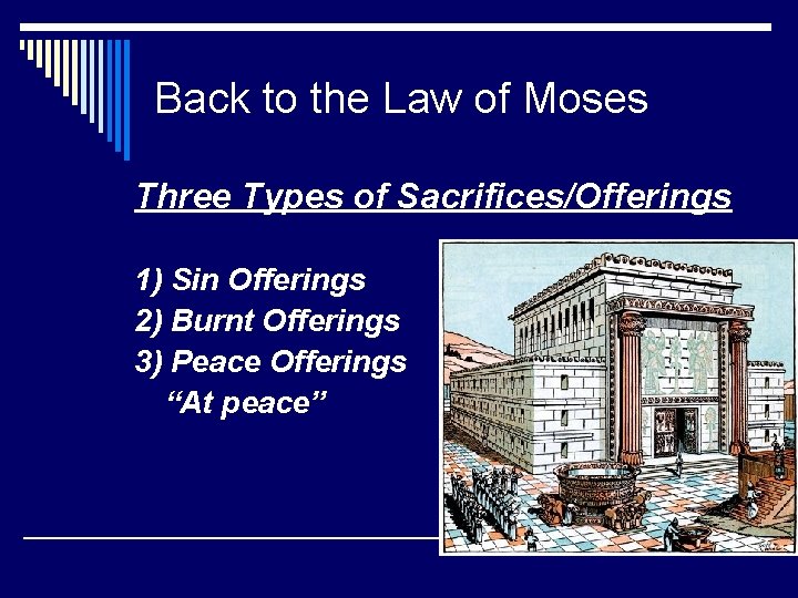 Back to the Law of Moses Three Types of Sacrifices/Offerings 1) Sin Offerings 2)