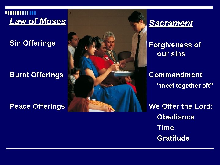 Law of Moses Sacrament Sin Offerings Forgiveness of our sins Burnt Offerings Commandment “meet