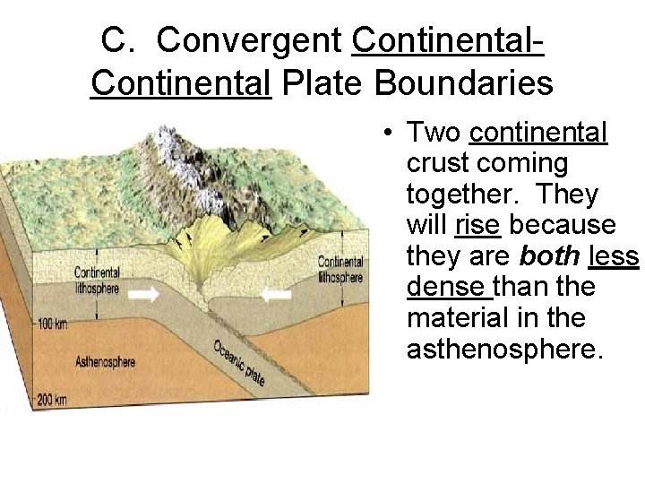 C. Convergent Continental Plate Boundaries • Two continental crust coming together. They will rise