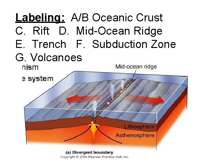 Labeling: A/B Oceanic Crust C. Rift D. Mid-Ocean Ridge E. Trench F. Subduction Zone