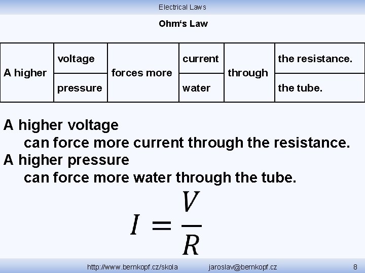 Electrical Laws Ohm‘s Law voltage A higher current forces more pressure the resistance. through