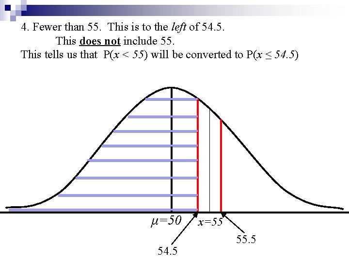 4. Fewer than 55. This is to the left of 54. 5. This does