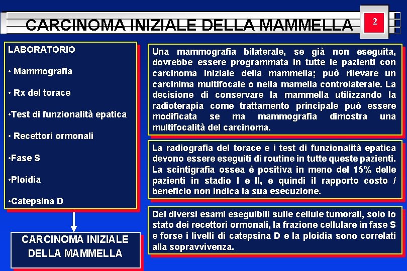 CARCINOMA INIZIALE DELLA MAMMELLA LABORATORIO • Mammografia • Rx del torace • Test di