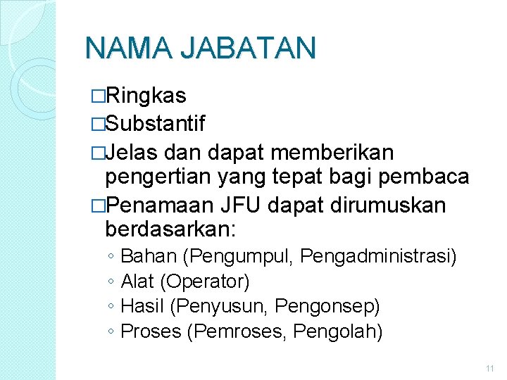 NAMA JABATAN �Ringkas �Substantif �Jelas dan dapat memberikan pengertian yang tepat bagi pembaca �Penamaan NAMA JABATAN �Ringkas �Substantif �Jelas dan dapat memberikan pengertian yang tepat bagi pembaca �Penamaan