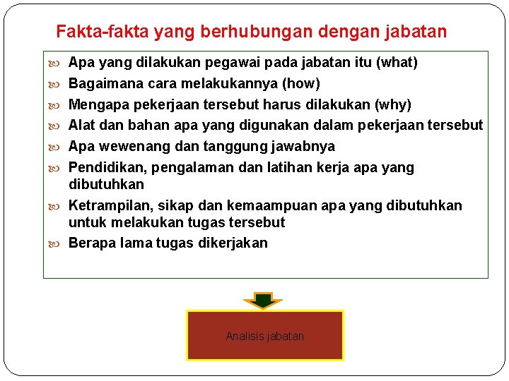 Fakta-fakta yang berhubungan dengan jabatan Apa yang dilakukan pegawai pada jabatan itu (what) Bagaimana Fakta-fakta yang berhubungan dengan jabatan Apa yang dilakukan pegawai pada jabatan itu (what) Bagaimana