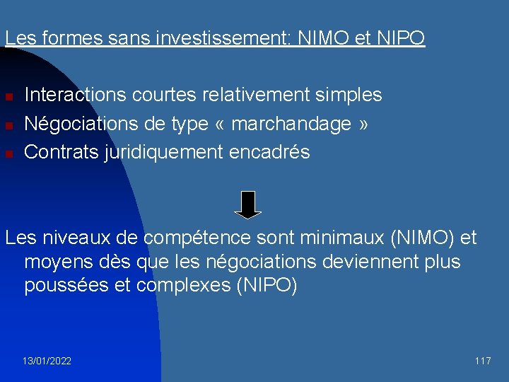 Les formes sans investissement: NIMO et NIPO n n n Interactions courtes relativement simples