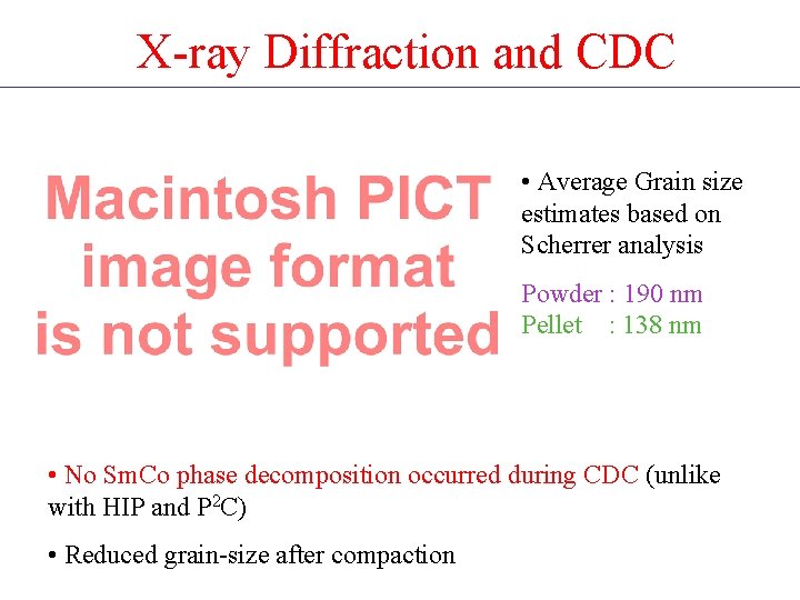 X-ray Diffraction and CDC • Average Grain size estimates based on Scherrer analysis Powder