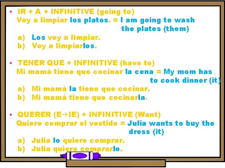  • IR + A + INFINITIVE (going to) Voy a limpiar los platos.