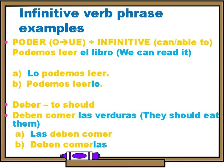 Infinitive verb phrase examples • PODER (O UE) + INFINITIVE (can/able to) Podemos leer