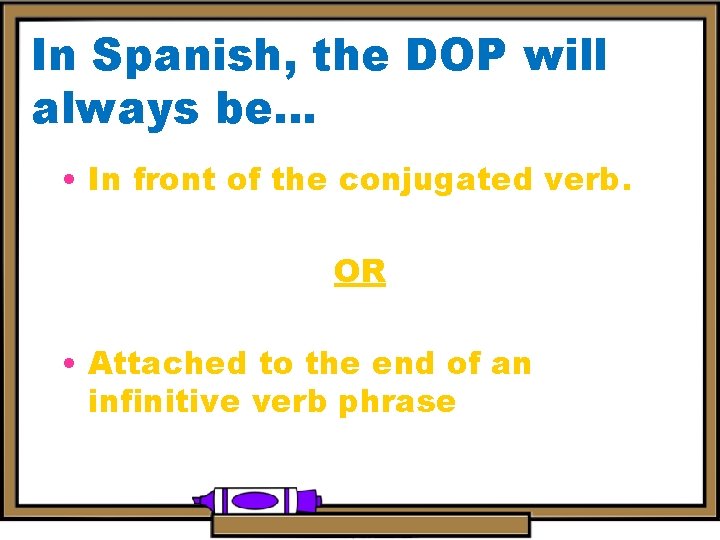 In Spanish, the DOP will always be… • In front of the conjugated verb.