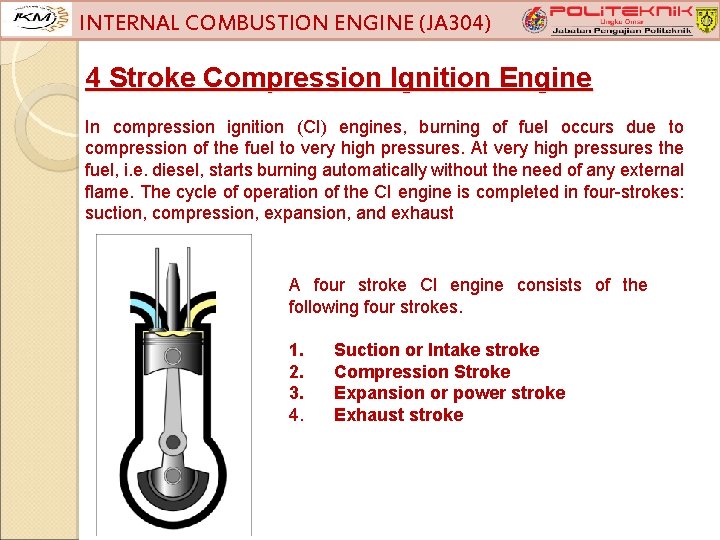 INTERNAL COMBUSTION ENGINE (JA 304) 4 Stroke Compression Ignition Engine In compression ignition (CI)