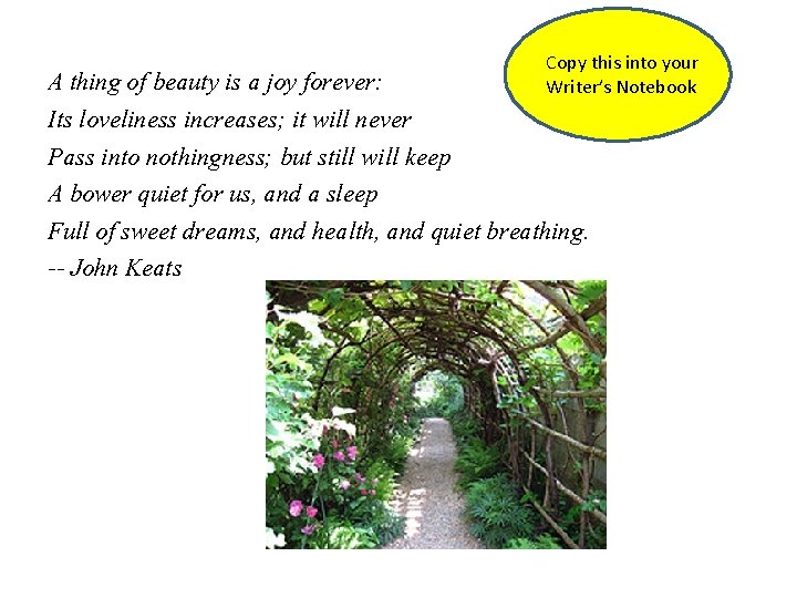 Copy this into your Writer’s Notebook A thing of beauty is a joy forever: