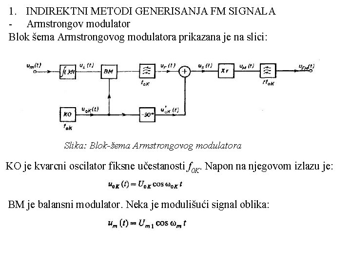 1. INDIREKTNI METODI GENERISANJA FM SIGNALA Armstrongov modulator Blok šema Armstrongovog modulatora prikazana je