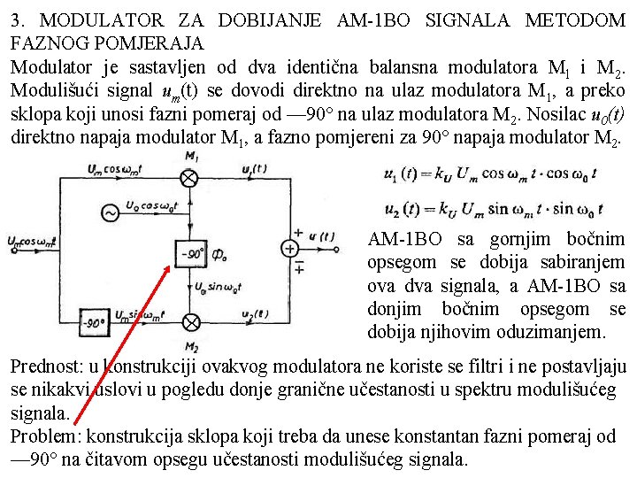 3. MODULATOR ZA DOBIJANJE AM 1 BO SIGNALA METODOM FAZNOG POMJERAJA Modulator je sastavljen